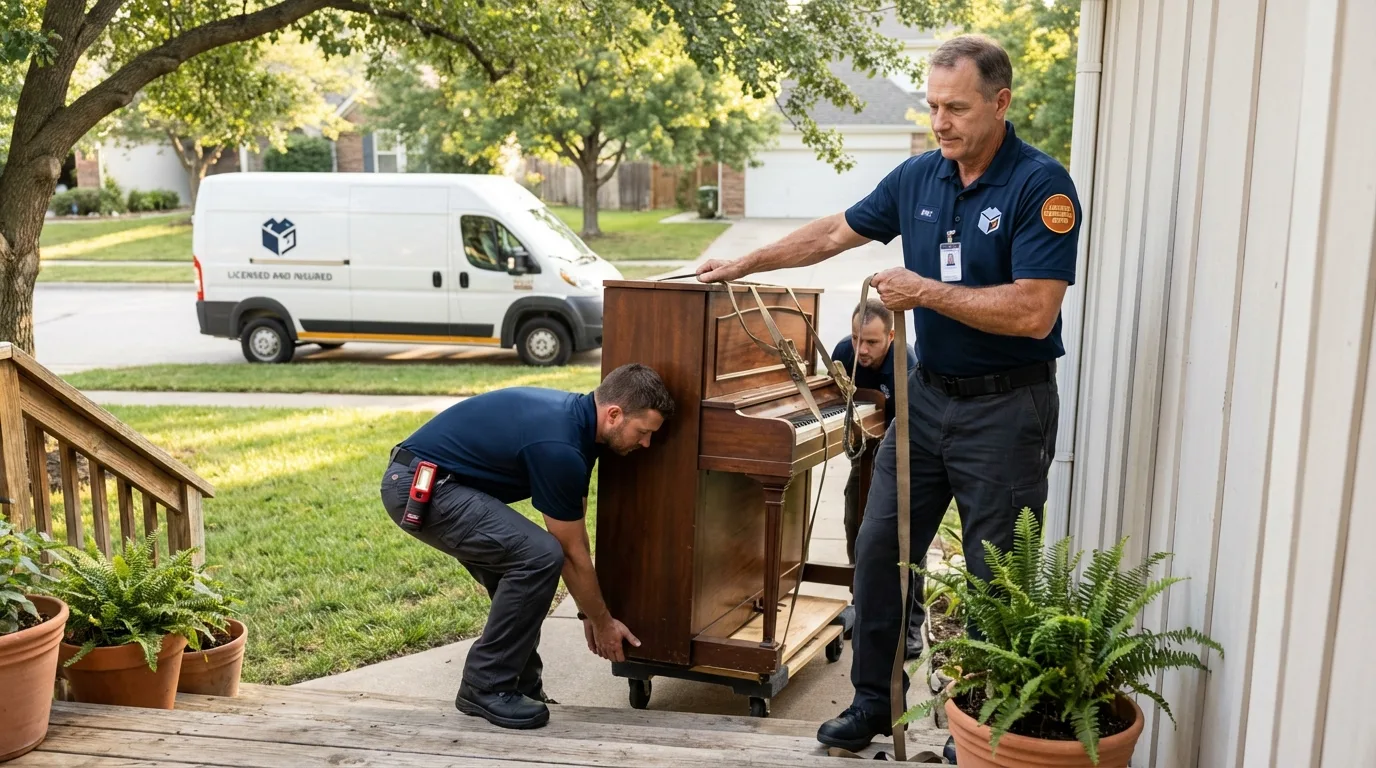 Licensed piano movers securing grand piano in Sherburn, MN