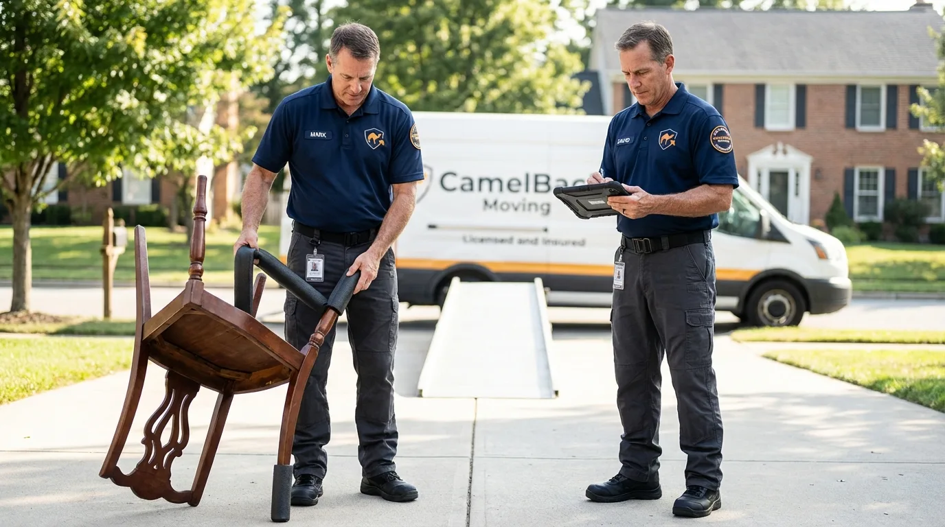 Movers inspecting furniture for damage prevention before loading in Sherburn, MN