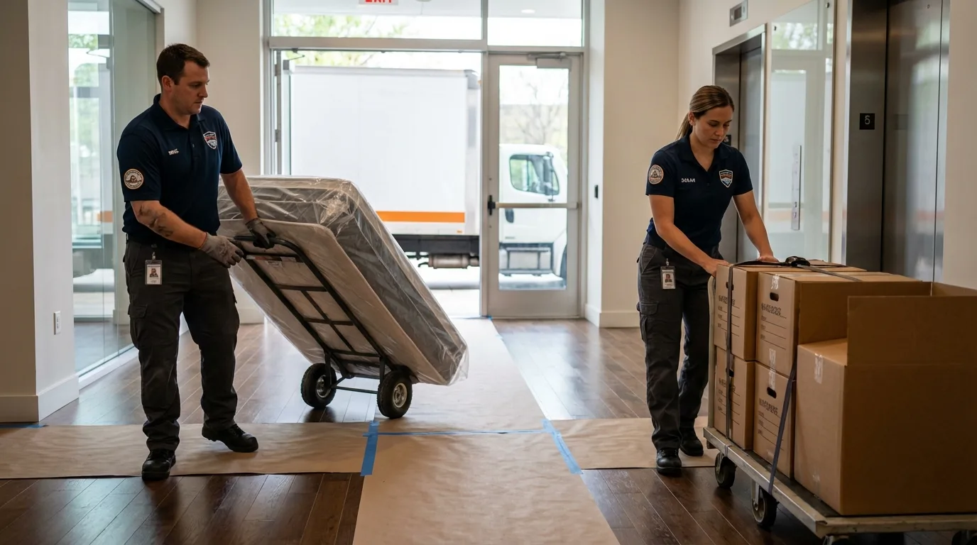 Professional apartment movers loading elevator in Sherburn, MN