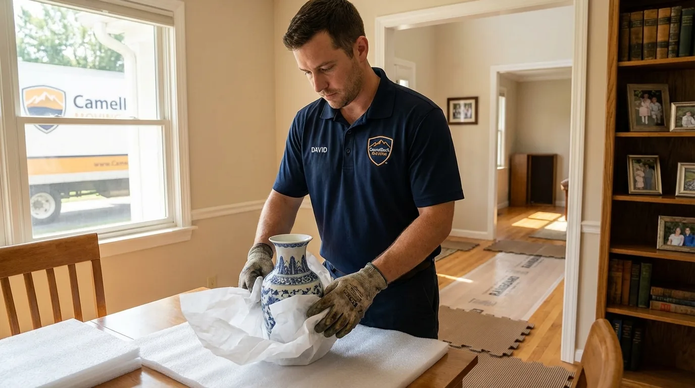 Professional crew carefully wrapping antique vase for senior downsizing move in Sherburn, MN